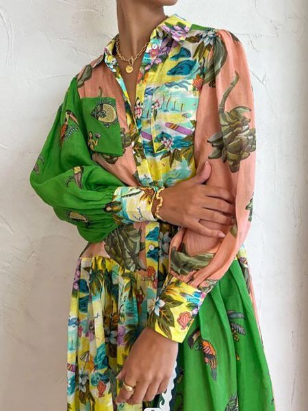 

basic casual dresses women lantern sleeve streetwear dress elegant female turn down collar loose autumn print vintage long vestido 230905, Black;gray