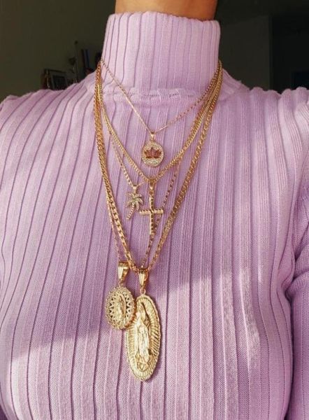 

vintage multilayer christ pendant necklace statement virgin mary lotus coin religious chain necklace women jewelry56786358728256, Silver