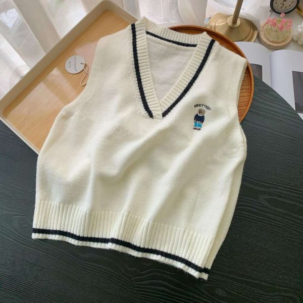 

college style knitted vest female bear embroidered sweater spring and autumn ins contrast color v neck small top, Black;white