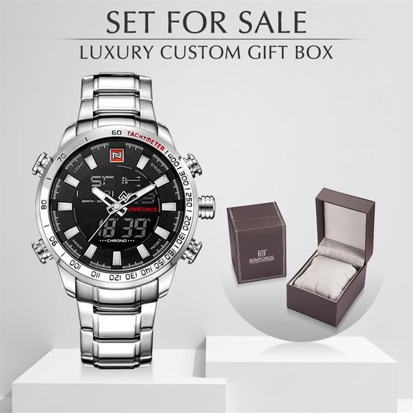 

naviforce brand men military sport watches mens led analog digital watch male army stainless quartz clock with box set for 3096, Slivery;brown