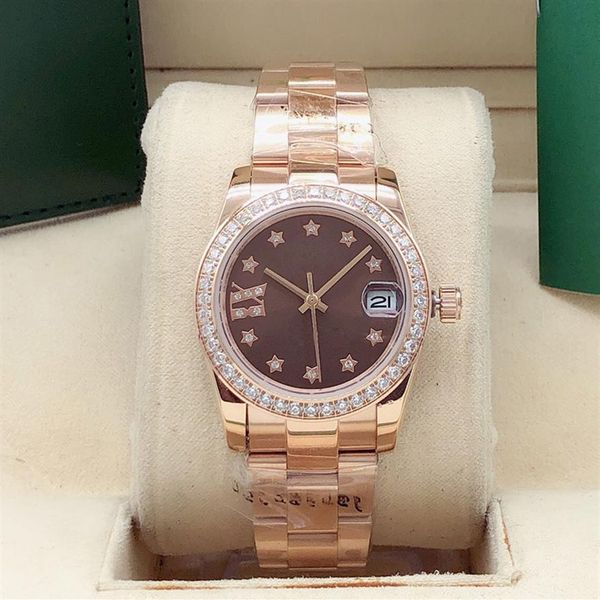 

fashion women's 31mm diamond watch seven colors ladies stainless steel folding buckle automatic mechanical motion watches236b, Slivery;brown