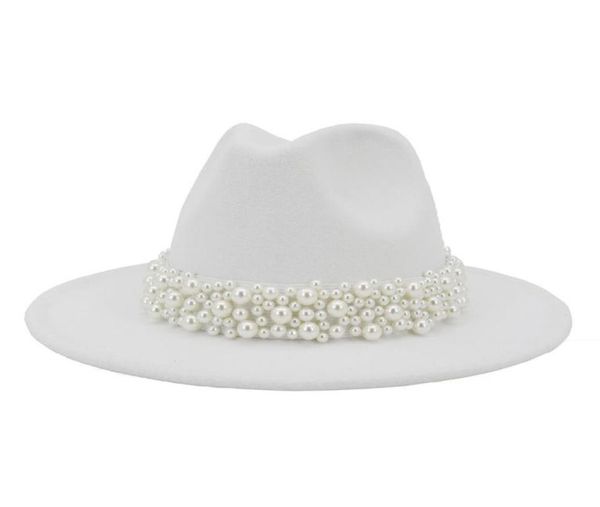 

2020 women wide brim imitation wool felt fedora hats fashion church party female dress hat pearl ribbon decor white hat3567186, Blue;gray
