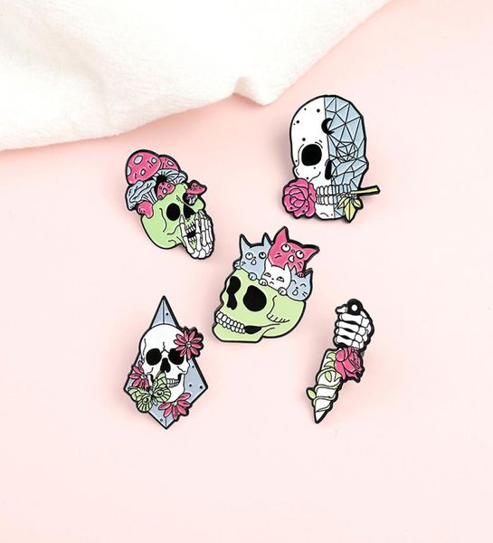 

sugar skull anatomy with roses enamel pins pink floral skeleton brooches backpack hat jewelry accessories gothic gift for friends5031516, Gray