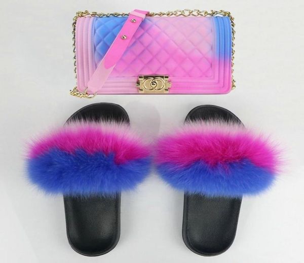 

jellyooy beachkins pvc matte jelly bag with fox fur slippers purse bags match fur slides sandals sets2978026, Black