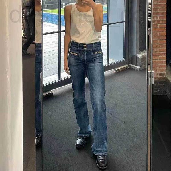 

womens jeans designer new double button high waist slim wide leg straight blue pants