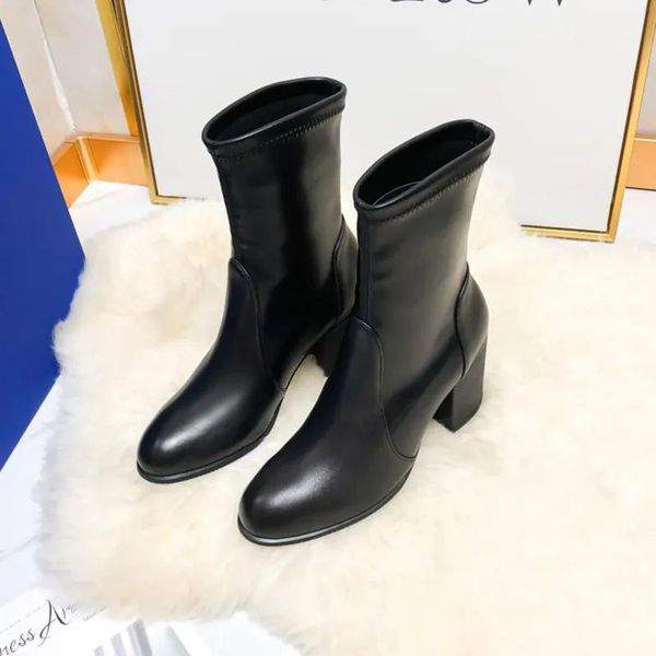 

classic brand boots black artificial leather thick soled ankle boots pointed high heel elastic boots fashion designer women's short boo