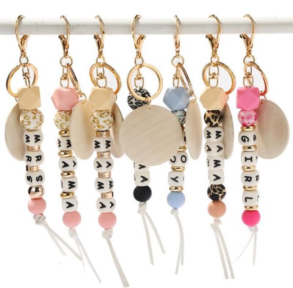 

mother039s day gift designer leopard print silicone bead mama wood keychain monogram keychain for mom3969383, Silver