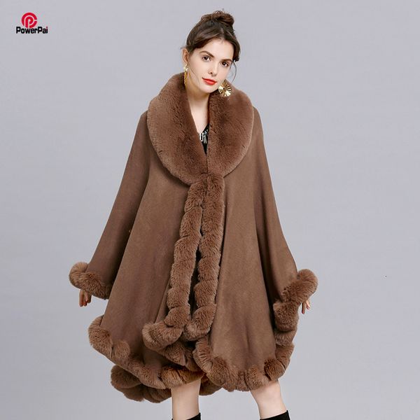 

womens fur faux elegant v lapel rex rabbit coat cape winter women big long shawl full trim knit cloak overcoat parka 230904, Black