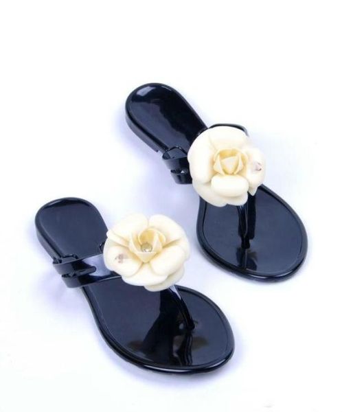 

new summer women039s floral slippers female039s flip flops flowers slippers pvc sandals camellia jelly shoes beach shoes8289345, Black