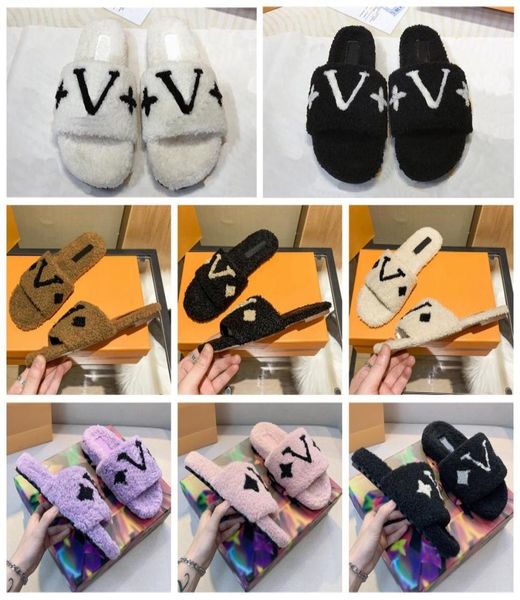 

womens slippers ladies wool slides winter fur fluffy furry warm letters sandals comfortable fuzzy inverted triangular iron sheet g6729726, Black