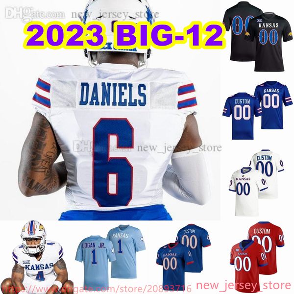 

2023 big-12 custom xs-6xl ncaa kansas jayhawks football jersey 6 jalon daniels 30 rich miller jr. 20 daniel hishaw jr. 1 kenny logan jr. 4 d, Black