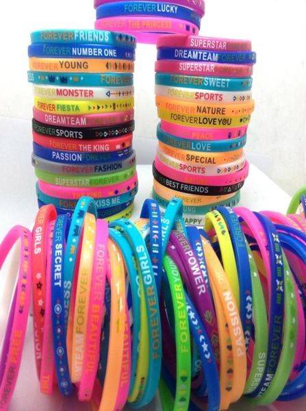 

100pcs party bag fillers lovely mixed men women beautiful silicone bracelets children amazing wristbands fashion jewelry new912985997, Golden;silver