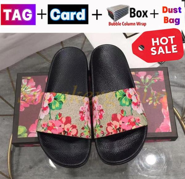 

2022 designer slippers men women slides with box dust bag card shoes black floral strawberry print web rubber slide canvas green f5831469