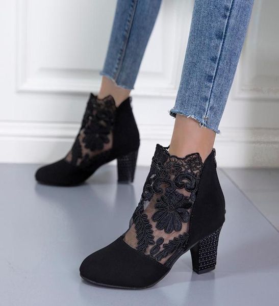 

dress shoes fashion women high heels lace flower ankle strap hollow out sandals round toe zip pumps zapatos de mujer plataformadre9259639, Black
