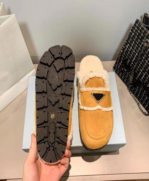 

winter flat bottom half slipper designer shoes warmth wool slippers fur fluffy soft luxury brand triangle classic fas5678528, Black
