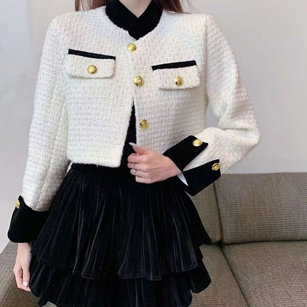 

womens wool blends korean fashion cropped jackets women vintage spliced stand collar tweed jacket female fall single breasted streetwear out, Black