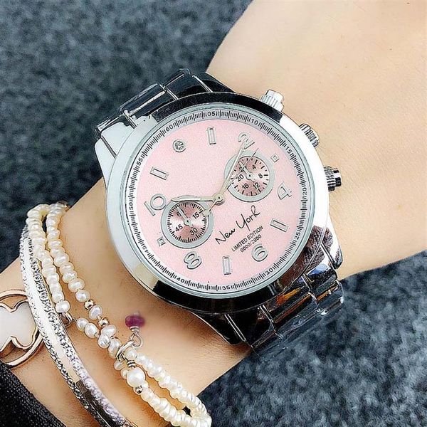 

fashion brand beautiful women's girl new york letters style dial metal steel band quartz wrist watch m6112241g, Slivery;brown