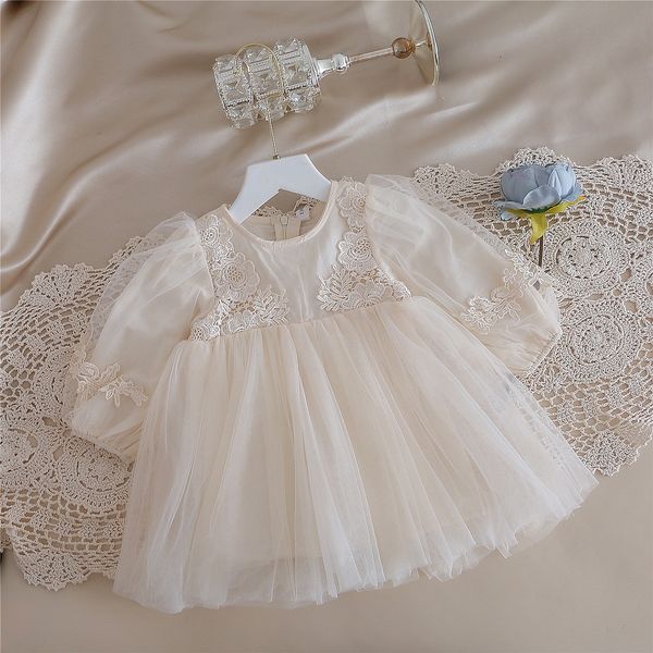 

Kids Clothing Girl's Dresses Net Red Ins Toddler Mesh Lace Beige Cotton Loose Long Sleeves Baby Luxe Dress Princess Dress