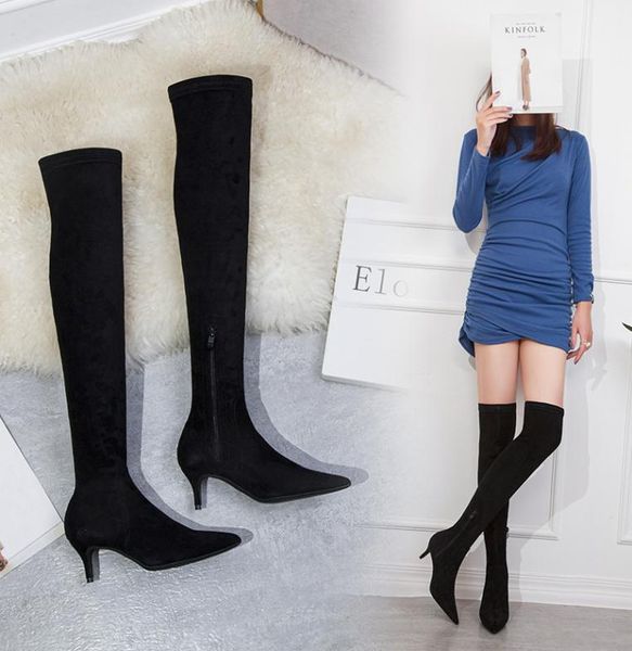 

lady flock shoes solid women suede boots zip boot overtheknee pointed toe pumps low heels evening shoes dating footwears8792590, Black