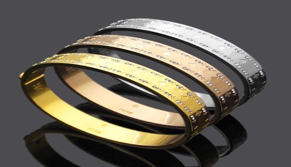 

fashion lady titanium steel double row diamond carved four leaf flower v letter 18k gold plated wide bracelet bangle 3 co7419016, Black