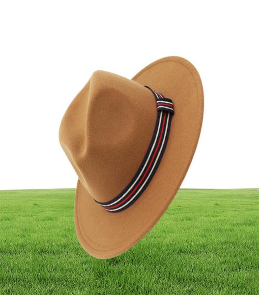 

vintage plain men women jazz fedora hats black floppy jazz striped band wool felt panama sunhat gambler hat9393088, Blue;gray