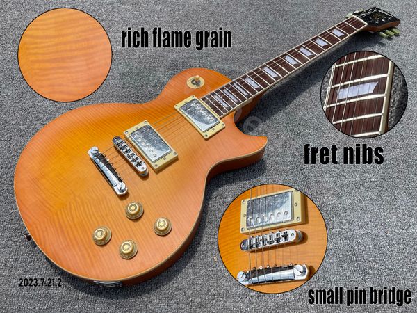 

electric guitar deep oragne paint with rich flame grain tune o matic small pin bridge stail bone nut fret nibs