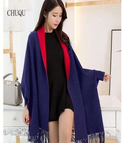 

scarves navy red thick warm winter poncho luxury shawl and wraps for ladies faux cashmere solid tassel capes with sleeves16353939, Blue;gray