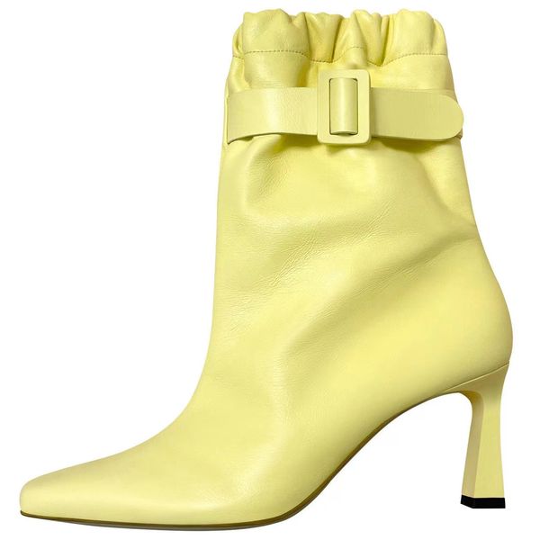 

2023 sheepskin leather stiletto med heels half boots pleated drawstring buckle women ankle booties pillage pointed toes knee zipper wedding, Black