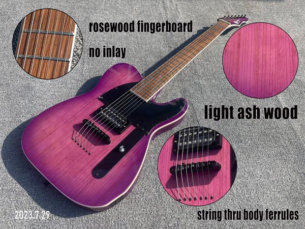 

7 strings electric guitar solid ash body maple neck set in joined head same as body color light purple burst string thru body ferrules rosew