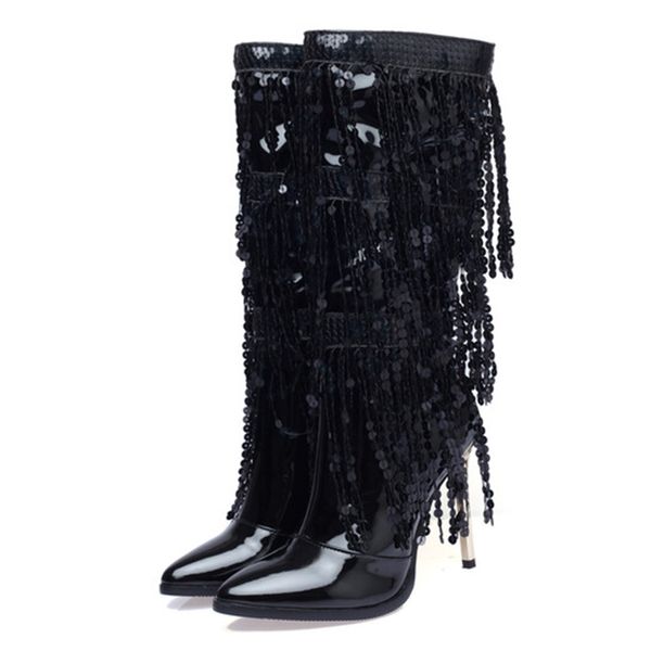 

fashion pointed toe fringe sequined mid calf boots for women zip metallic glitter elegant dress long shoes for girls party shoes, Black