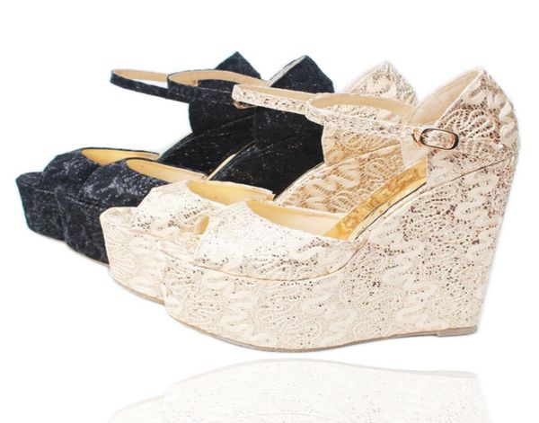 

summer women039s shoes ultra high heels15cm with platform wedge lace wedding shoes peep toe female sandals bridal pumps 3042967430, Black