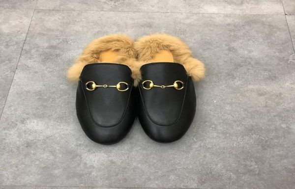 

designer women princetown loafers autumn winter warm wool slippers fur classic metal buckle embroidery sandals men leather half sl3053361, Black