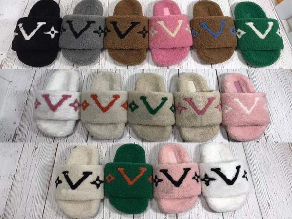 

2022 new designers winter luxurys women wool slippers fur fluffy furry warm letters sandals comfortable logo embroidery flip flop 8103617, Black