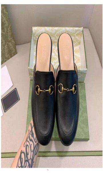 

with box princetown women slippers mens loafers genuine leather cowhide sandals fur furry casual shoes metal buckle flip flops lac5732484, Black