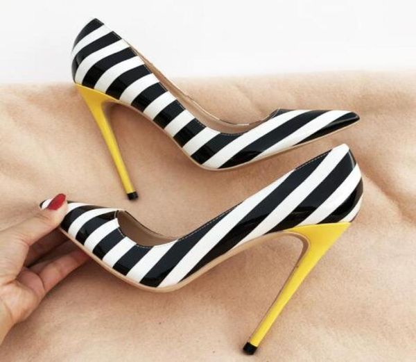 

fashion women pumps black white striped patent leather pointed toe high heels sandals shoes boots 120mm 2961283
