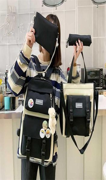 

4 pcs set harajuku women lapbackpack canvas school bags for teenage girls kawaii college student kids book bag rucksack 2110254282743