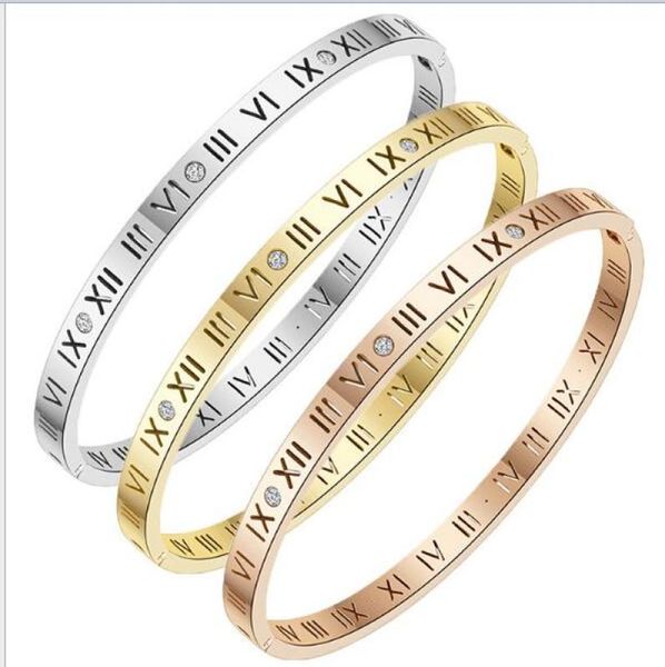 

european and american simple roman numeral letter titanium steel bracelet gold silver rose gold hollow bangle men women7409352, Black