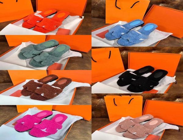 

designer wool slippers letter h flat mules shearling fur fluffy sandals winter women indoor shoes3652348, Black