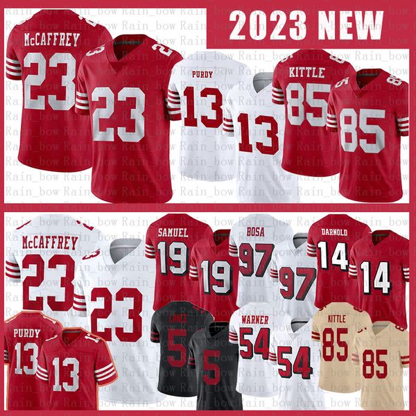 

deebo samuel christian mccaffrey football jerseys men san franciscos 49ers brock purdy george kittle nick bosa sam darnold fred warner brand, Black;red