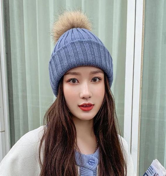 

winter brand female fur pom poms hat for women girl 039s knitted beanies cap thick skullies beanies4628512, Blue;gray
