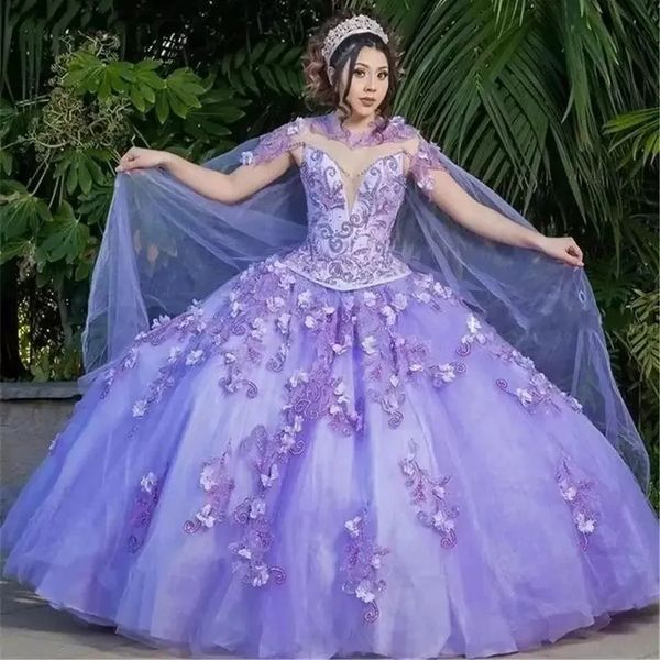 

2023 quinceanera ball gown dresses light purple high neck lace appliques crystal beads with hand made flowers plus size prom evening gowns w, Blue;red