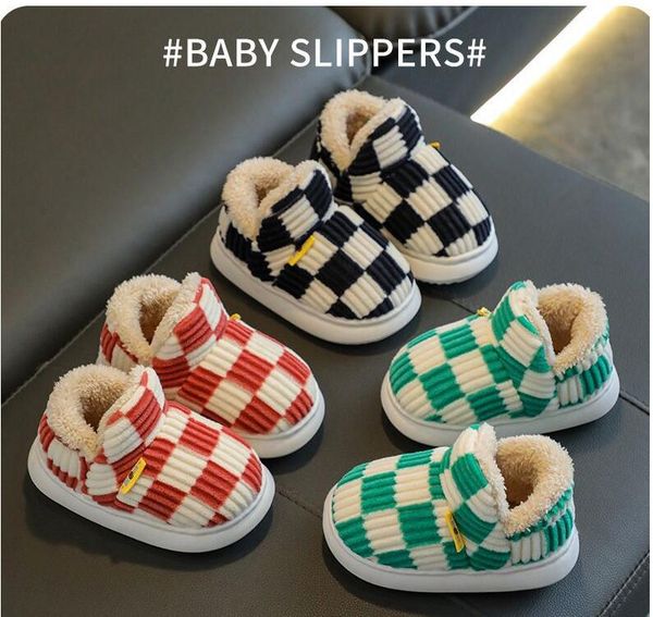 

2023new winter kids baby boys girls winter slippers checkered non-slip home indoors shoes fashion warm children bedroom shoes slippers snow, Black;grey