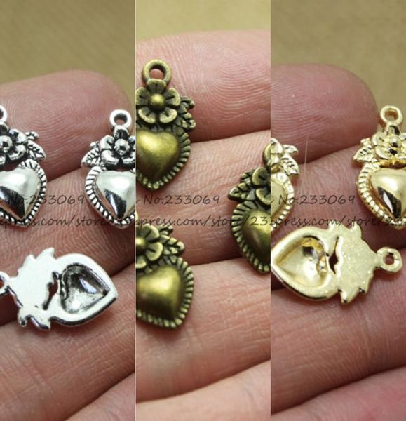 

whole 50pcslot 1017mm antique bronze vintage metal hearts made with love flower charm jewelry heart charms a06033419479, Bronze;silver