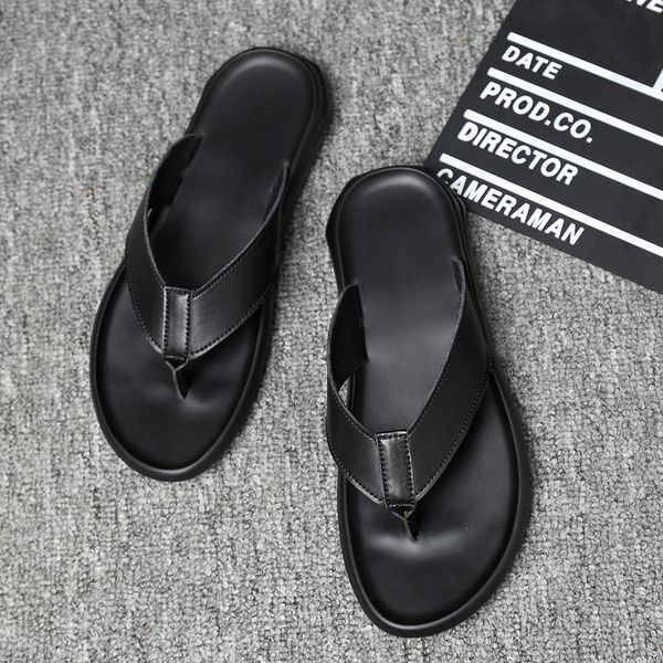 

quality men's shoes flip-flops summer flats leather leather beach sandals flip-flops fashion non-slip men's slippers size 38-44, Black