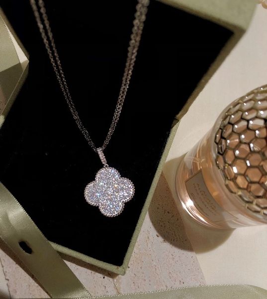 

vintage pendant necklace copper shinning full crystal four leaf clover flower charm long chain sweater necklace for women jewelry with box p, Silver