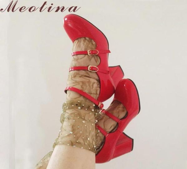 

meotina spring 2020 shoes women mary jane thick high heels buckle pumps party shoes round toe ladies black red size 34395646450