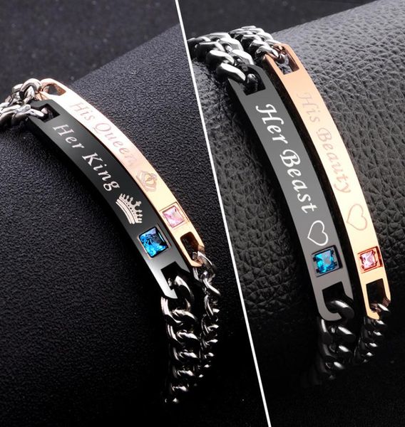

2 style his queen her king black rose gold color women039s male chain crystal couple bracelet for men femmo on hands jewelry9574599, Golden;silver