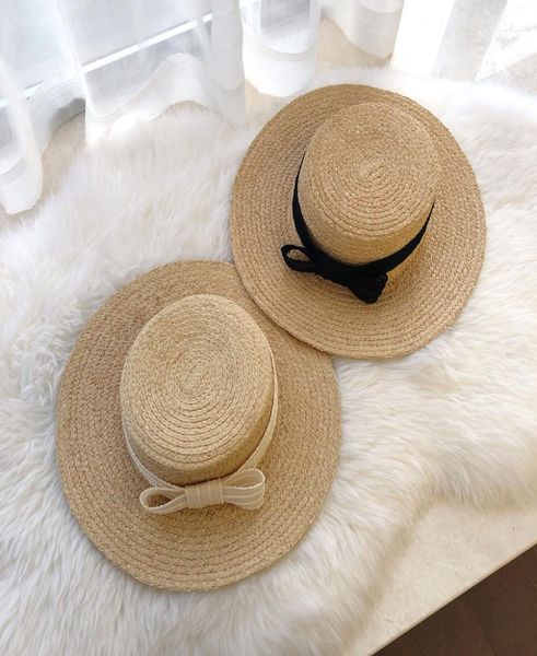 

lunadolphin desinger summer beach raffia hat wide brim sun protection bow cap temperament flat straw hats outdoor y2007149587581, Blue;gray