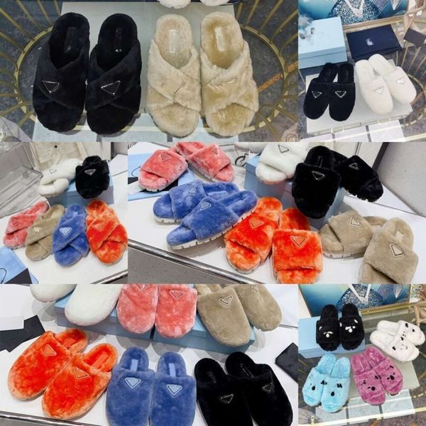 

multi designs fussbett fur slipper mule criss cross strap terry slides for women triangle logo flat sandals shearling shoes loafer furry log, Black