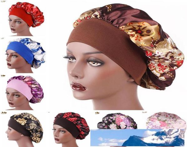 

new fshion women satin night sleep cap hair bonnet hat silk head cover wide elastic band shower cap6821666, Blue;gray